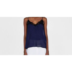 Zara Navy Blue Polka Dot Cami Camisole Womens XS Lace Spaghetti Straps V-Neck